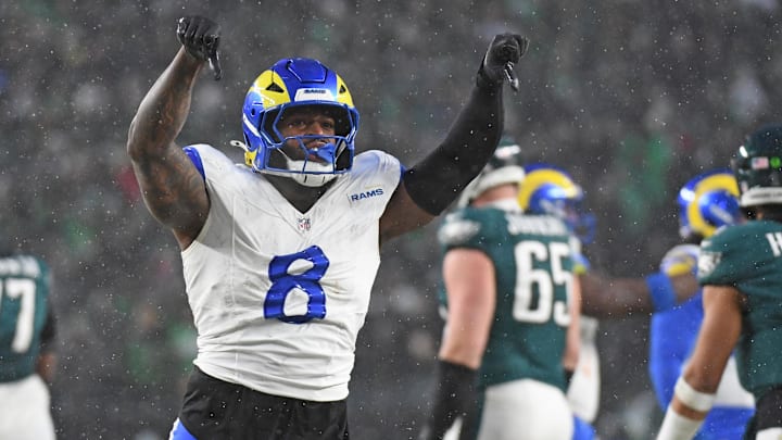 Jan 19, 2025; Philadelphia, Pennsylvania, USA; Los Angeles Rams linebacker Jared Verse (8) reacts after a play against the Philadelphia Eagles in a 2025 NFC divisional round game at Lincoln Financial Field. Mandatory Credit: Eric Hartline-Imagn Images Jan 19, 2025; Philadelphia, Pennsylvania, USA; Los Angeles Rams linebacker Jared Verse (8) reacts after a play against the Philadelphia Eagles in a 2025 NFC divisional round game at Lincoln Financial Field. Mandatory Credit: Eric Hartline-Imagn Images