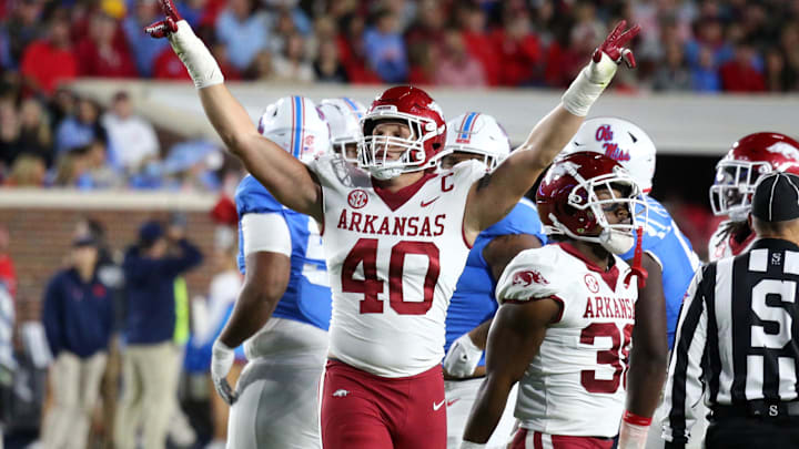 Oct 7, 2023; Oxford, Mississippi, USA; Arkansas Razorbacks defensive linemen Landon Jackson (40) reacts after a made field goal during the first half against the Mississippi Rebels at Vaught-Hemingway Stadium. Mandatory Credit: Petre Thomas-USA TODAY Sports