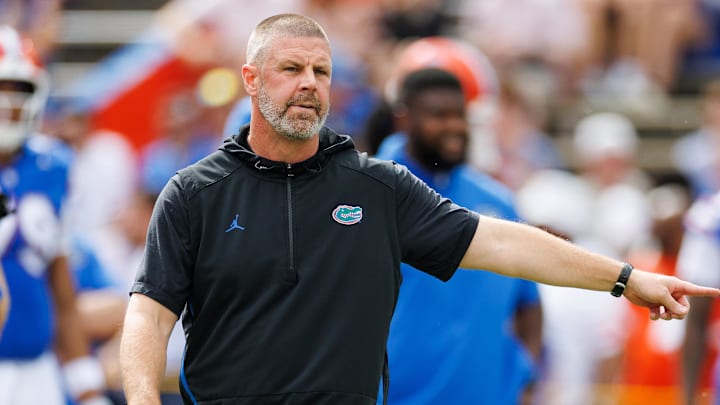 Oct 4, 2025; Gainesville, Florida, USA; Florida Gators head coach Billy Napier gestures before a game against the Texas Longhorns at Ben Hill Griffin Stadium. Mandatory Credit: Matt Pendleton-Imagn Images