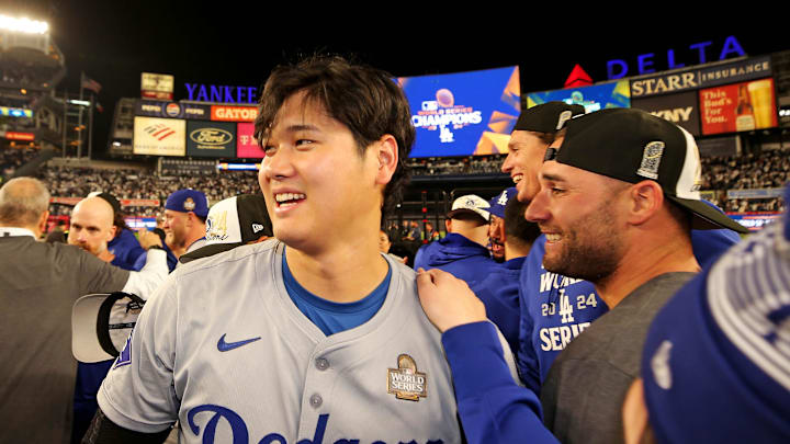 Oct 30, 2024; New York, New York, USA; Los Angeles Dodgers two-way player Shohei Ohtani (17) celebrates after beating the New York Yankees in game four to win the 2024 MLB World Series at Yankee Stadium. Oct 30, 2024; New York, New York, USA; Los Angeles Dodgers two-way player Shohei Ohtani (17) celebrates after beating the New York Yankees in game four to win the 2024 MLB World Series at Yankee Stadium.