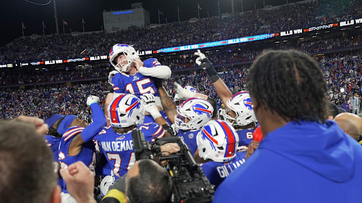 Bills Matt Prater is hoisted on the teams shoulders after his field goal put the Bills ahead 41-40 to beat the Baltimore Ravens at Highmark Stadium in Orchard Park on Sept. 7, 2025.