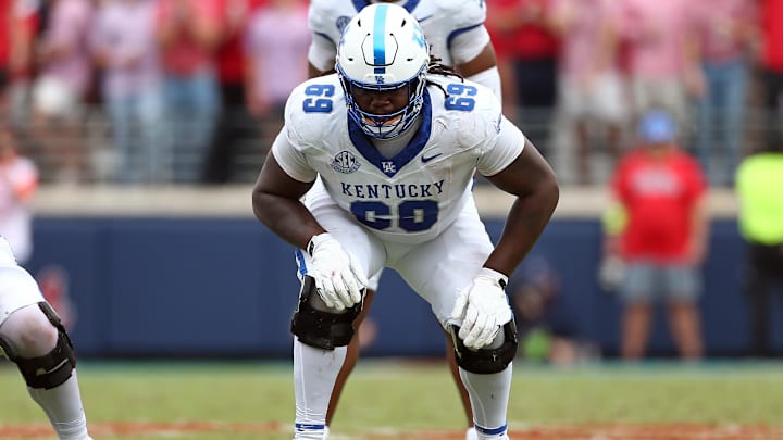 Sep 28, 2024; Oxford, Mississippi, USA; Kentucky Wildcats offensive lineman Marques Cox (69) lines up before the snap during the first half against the Mississippi Rebels at Vaught-Hemingway Stadium. Mandatory Credit: Petre Thomas-Imagn Images