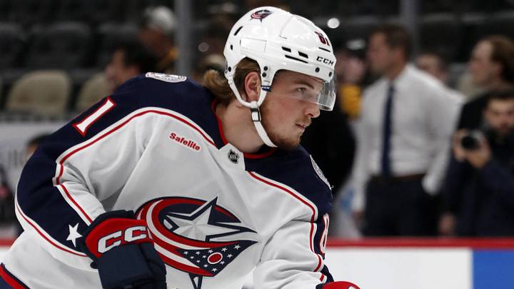 Oct 4, 2024; Pittsburgh, Pennsylvania, USA; Columbus Blue Jackets defenseman Stanislav Svozil (81) warms up before playing the Pittsburgh Penguins at PPG Paints Arena. Mandatory Credit: Charles LeClaire-Imagn Images Oct 4, 2024; Pittsburgh, Pennsylvania, USA; Columbus Blue Jackets defenseman Stanislav Svozil (81) warms up before playing the Pittsburgh Penguins at PPG Paints Arena. Mandatory Credit: Charles LeClaire-Imagn Images