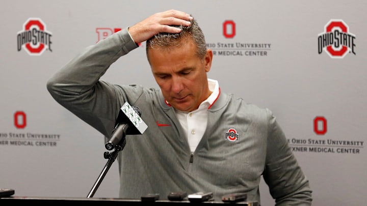 Ohio State football head coach Urban Meyer talks to the media for the first time since returning from his three-game suspension at the Woody Hayes Athletic Center in Columbus on Sept. 17, 2018.