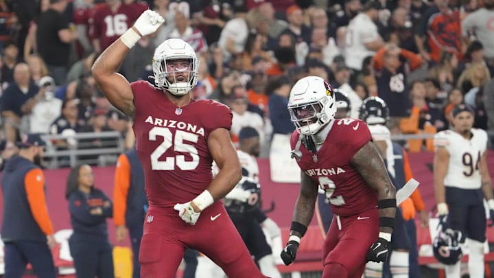 Arizona Cardinals linebacker Zaven Collins (25) celebrates a sack with linebacker Mack Wilson Sr. (2) against the Chicago Bears during the fourth quarter at State Farm Stadium on Nov 3, 2024, in Glendale. Arizona Cardinals linebacker Zaven Collins (25) celebrates a sack with linebacker Mack Wilson Sr. (2) against the Chicago Bears during the fourth quarter at State Farm Stadium on Nov 3, 2024, in Glendale.