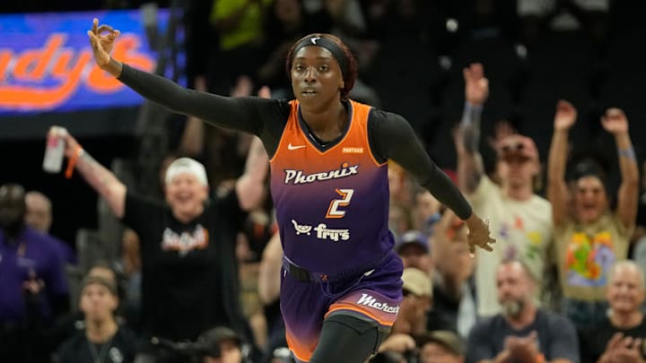 Phoenix Mercury guard Kahleah Copper (2) celebrates after a three point basket against the Seattle Storm during the first quarter at Footprint Center in Phoenix on Sunday, June 16, 2024.