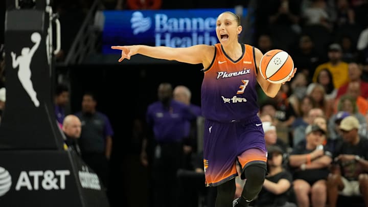 Phoenix Mercury guard Diana Taurasi (3) directs her teammates during the third quarter against the Seattle Storm at Footprint Center in Phoenix on Sunday, June 16, 2024.