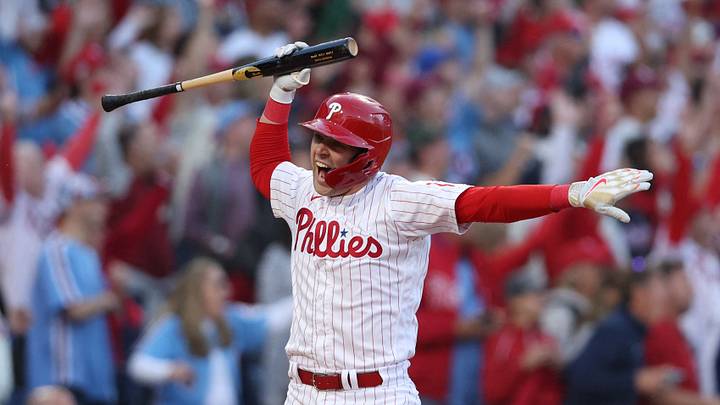 Oct 14, 2022; Philadelphia, Pennsylvania, USA; Philadelphia Phillies first baseman Rhys Hoskins celebrates after hitting a three-run home run against the Atlanta Braves during the 3rd inning in game three of the NLDS for the 2022 MLB Playoffs at Citizens Bank Park. Mandatory Credit: Bill Streicher-USA TODAY Sports Oct 14, 2022; Philadelphia, Pennsylvania, USA; Philadelphia Phillies first baseman Rhys Hoskins celebrates after hitting a three-run home run against the Atlanta Braves during the 3rd inning in game three of the NLDS for the 2022 MLB Playoffs at Citizens Bank Park. Mandatory Credit: Bill Streicher-USA TODAY Sports
