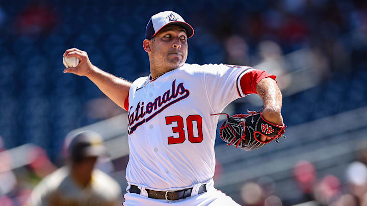 Aug 14, 2022; Washington, District of Columbia, USA; Washington Nationals starting pitcher Paolo Espino (30) pitches against the San Diego Padres during the first inning at Nationals Park. Mandatory Credit: Scott Taetsch-Imagn Images