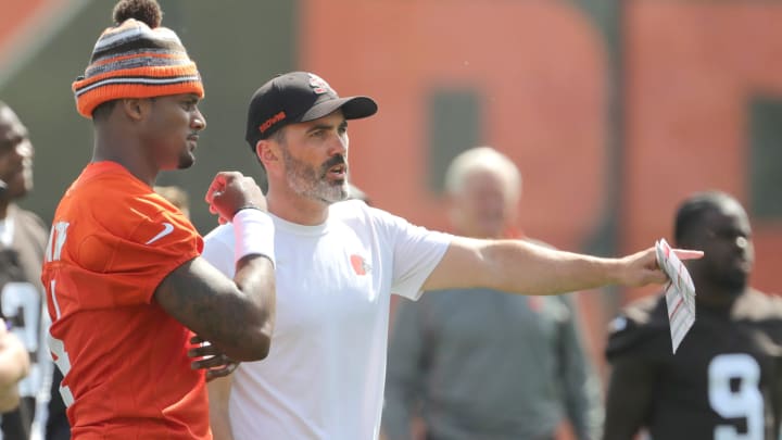 Browns quarterback Deshaun Watson talks with head coach Kevin Stefanski during a workout, Wednesday, June 8, 2022 in Berea. Browns quarterback Deshaun Watson talks with head coach Kevin Stefanski during a workout, Wednesday, June 8, 2022 in Berea.