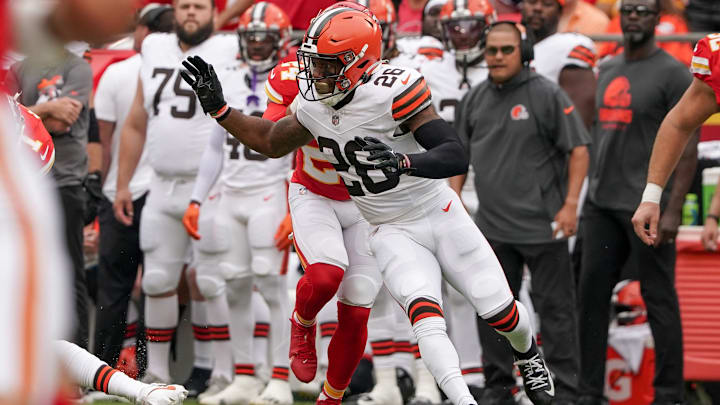Aug 26, 2023; Kansas City, Missouri, USA; Cleveland Browns safety Rodney McLeod (26) defends against the Kansas City Chiefs during the game at GEHA Field at Arrowhead Stadium. Mandatory Credit: Denny Medley-Imagn Images