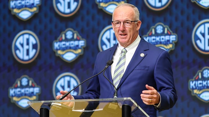 Jul 16, 2025; Atlanta, GA, USA; SEC commissioner Greg Sankey speaks to the media during the SEC Media Day at Omni Atlanta Hotel. Mandatory Credit: Jordan Godfree-Imagn Images Jul 16, 2025; Atlanta, GA, USA; SEC commissioner Greg Sankey speaks to the media during the SEC Media Day at Omni Atlanta Hotel. Mandatory Credit: Jordan Godfree-Imagn Images
