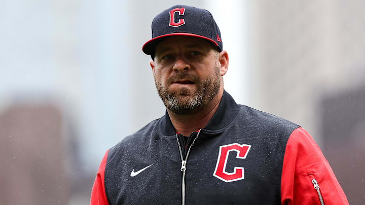 May 21, 2025; Minneapolis, Minnesota, USA; Cleveland Guardians manager Stephen Vogt (12) looks on before the first game of a doubleheader against the Minnesota Twins at Target Field. Mandatory Credit: Matt Krohn-Imagn Images