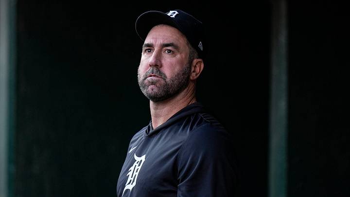 Detroit Tigers pitcher Justin Verlander watches a replay from the dugout during the second inning against Los Angeles Angels at Comerica Park in Detroit on Wednesday, May 27, 2026.