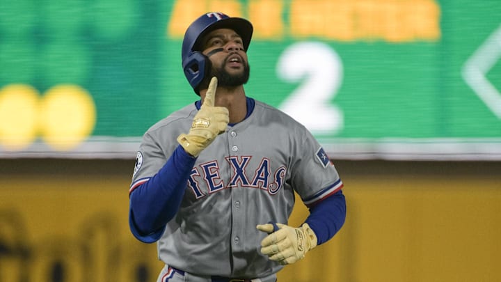 Apr 24, 2025; West Sacramento, California, USA; Texas Rangers outfielder Leody Taveras (3) points to the sky after hitting a home run against the Athletics during the fourth inning at Sutter Health Park.