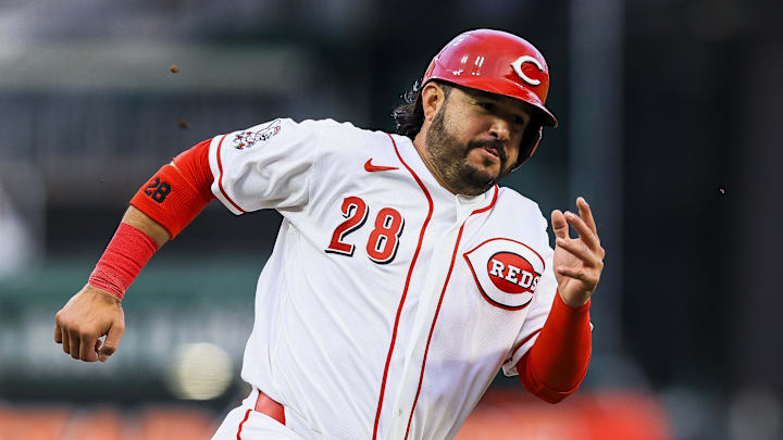 Mar 30, 2026; Cincinnati, Ohio, USA; Cincinnati Reds designated hitter Eugenio Suarez (28) scores on a RBI triple hit by Cincinnati Reds outfielder Will Benson (not pictured) in the fourth inning against the Pittsburgh Pirates at Great American Ball Park. Mandatory Credit: Katie Stratman-Imagn Images