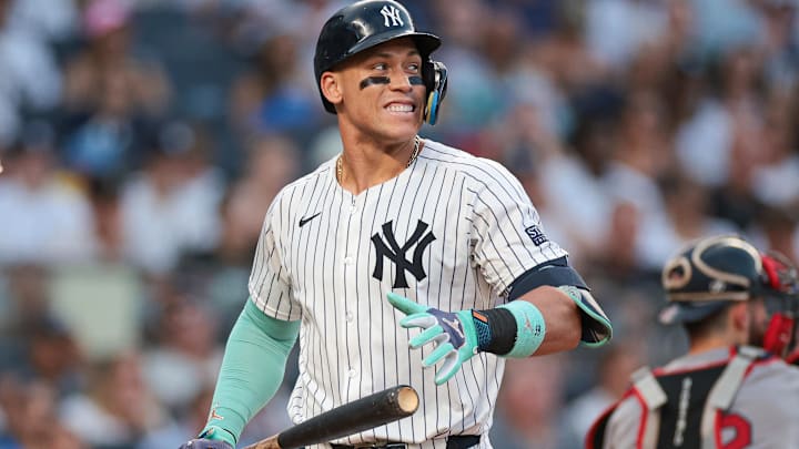 Jul 7, 2024; Bronx, New York, USA; New York Yankees center fielder Aaron Judge (99) reacts after striking out during the fourth inning against the Boston Red Sox at Yankee Stadium. Mandatory Credit: Vincent Carchietta-USA TODAY Sports