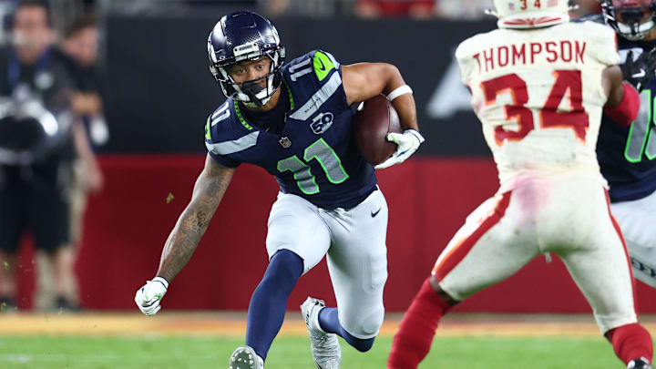 Sep 25, 2025; Glendale, Arizona, USA; Seattle Seahawks wide receiver Jaxon Smith-Njigba (11) runs against the Arizona Cardinals in the third quarter at State Farm Stadium. Mandatory Credit: Mark J. Rebilas-Imagn Images