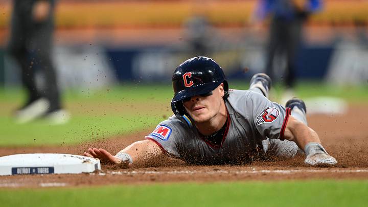 May 18, 2026: Cleveland Guardians second baseman Travis Bazzana (37) dives safely back to first base against the Detroit Tigers in the sixth inning at Comerica Park. 