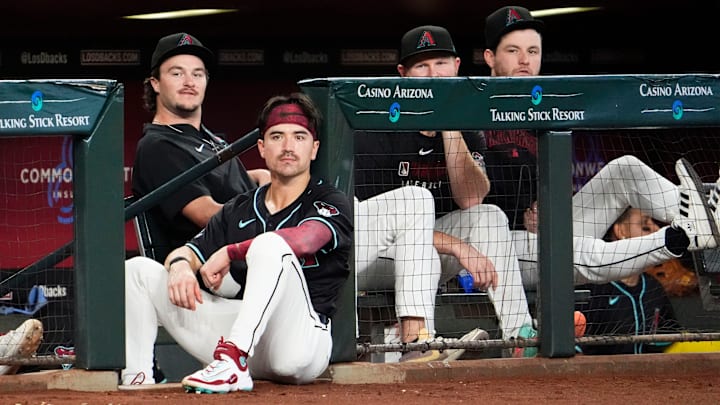 Arizona Diamondbacks outfielder Corbin Carroll (7) watches the action against the San Francisco Giants in the second inning at Chase Field in Phoenix on Sept. 17, 2025.