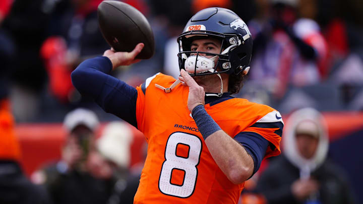 Jan 25, 2026; Denver, CO, USA; Denver Broncos quarterback Jarrett Stidham (8) practices before the 2026 AFC Championship Game at Empower Field at Mile High. Mandatory Credit: Ron Chenoy-Imagn Images