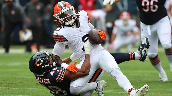 Aug 15, 2026; Chicago, Illinois, USA; Chicago Bears linebacker D'Marco Jackson (48) tackles Cleveland Browns wide receiver Jerry Jeudy (3) during the first half at Soldier Field. Mandatory Credit: Mike Dinovo-Imagn Images Aug 15, 2026; Chicago, Illinois, USA; Chicago Bears linebacker D'Marco Jackson (48) tackles Cleveland Browns wide receiver Jerry Jeudy (3) during the first half at Soldier Field. Mandatory Credit: Mike Dinovo-Imagn Images