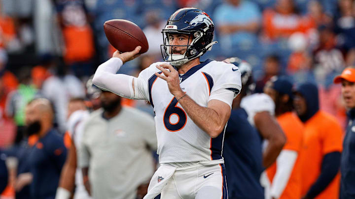 Aug 26, 2023; Denver, Colorado, USA; Denver Broncos quarterback Ben DiNucci (6) warms up before the