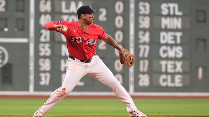 Aug 23, 2024; Boston, Massachusetts, USA; Boston Red Sox third baseman Rafael Devers (11) makes a throw for an out to end the first inning against the Arizona Diamondbacks at Fenway Park. Mandatory Credit: Eric Canha-Imagn Images Aug 23, 2024; Boston, Massachusetts, USA; Boston Red Sox third baseman Rafael Devers (11) makes a throw for an out to end the first inning against the Arizona Diamondbacks at Fenway Park. Mandatory Credit: Eric Canha-Imagn Images