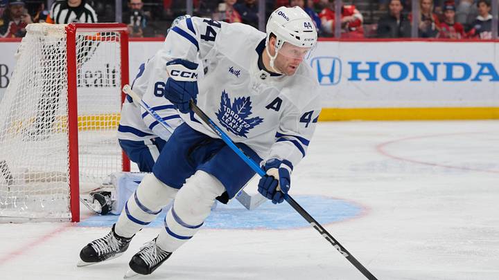 Feb 26, 2026; Sunrise, Florida, USA; Toronto Maple Leafs defenseman Morgan Rielly (44) moves the puck against the Florida Panthers during the third period at Amerant Bank Arena. Mandatory Credit: Sam Navarro-Imagn Images Feb 26, 2026; Sunrise, Florida, USA; Toronto Maple Leafs defenseman Morgan Rielly (44) moves the puck against the Florida Panthers during the third period at Amerant Bank Arena. Mandatory Credit: Sam Navarro-Imagn Images