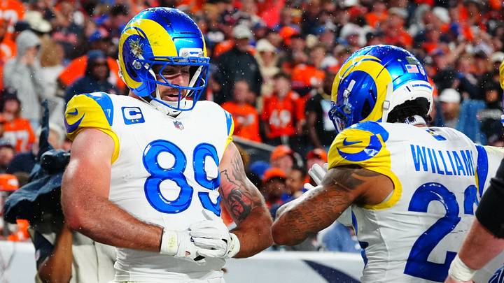 Sep 27, 2026; Denver, Colorado, USA; Los Angeles Rams tight end Tyler Higbee (89) celebrates with running back Kyren Williams (23) after scoring a touchdown against the Denver Broncos in the first half at Empower Field at Mile High. Mandatory Credit: Ron Chenoy-Imagn Images Sep 27, 2026; Denver, Colorado, USA; Los Angeles Rams tight end Tyler Higbee (89) celebrates with running back Kyren Williams (23) after scoring a touchdown against the Denver Broncos in the first half at Empower Field at Mile High. Mandatory Credit: Ron Chenoy-Imagn Images