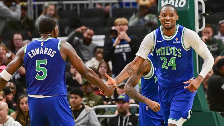 Oct 5, 2026; Milwaukee, Wisconsin, USA; Minnesota Timberwolves forward Jonathan Kuminga (24) celebrates with guard Anthony Edwards (5) after scoring a basket in the second quarter against the Milwaukee Bucks at Fiserv Forum. Mandatory Credit: Benny Sieu-Imagn Images Oct 5, 2026; Milwaukee, Wisconsin, USA; Minnesota Timberwolves forward Jonathan Kuminga (24) celebrates with guard Anthony Edwards (5) after scoring a basket in the second quarter against the Milwaukee Bucks at Fiserv Forum. Mandatory Credit: Benny Sieu-Imagn Images