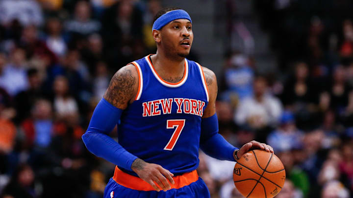 Mar 8, 2016; Denver, CO, USA; New York Knicks forward Carmelo Anthony (7) in the third quarter against the Denver Nuggets at the Pepsi Center. Mandatory Credit: Isaiah J. Downing-Imagn Images
