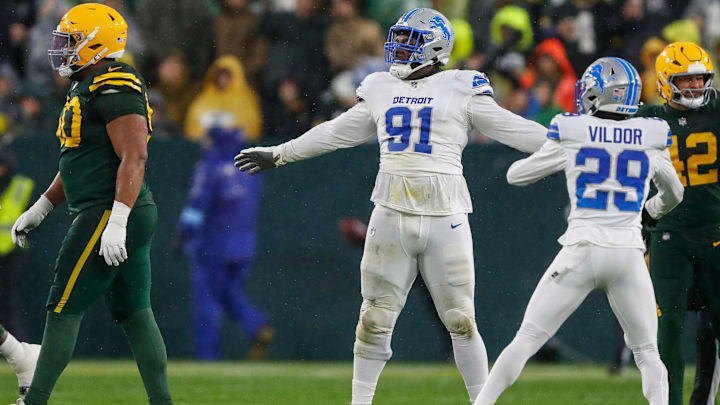 Detroit Lions defensive end Levi Onwuzurike (91) celebrates after a missed field goal attempt by the Green Bay Packers on Sunday, November 3, 2024, at Lambeau Field in Green Bay, Wis. The Lions won the game, 24-14.
Tork Mason/USA TODAY NETWORK-Wisconsin Detroit Lions defensive end Levi Onwuzurike (91) celebrates after a missed field goal attempt by the Green Bay Packers on Sunday, November 3, 2024, at Lambeau Field in Green Bay, Wis. The Lions won the game, 24-14.
Tork Mason/USA TODAY NETWORK-Wisconsin