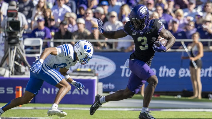 Oct 14, 2023; Fort Worth, Texas, USA; TCU Horned Frogs wide receiver Savion Williams (3) in action during the game between the TCU Horned Frogs and the Brigham Young Cougars at Amon G. Carter Stadium. Oct 14, 2023; Fort Worth, Texas, USA; TCU Horned Frogs wide receiver Savion Williams (3) in action during the game between the TCU Horned Frogs and the Brigham Young Cougars at Amon G. Carter Stadium.