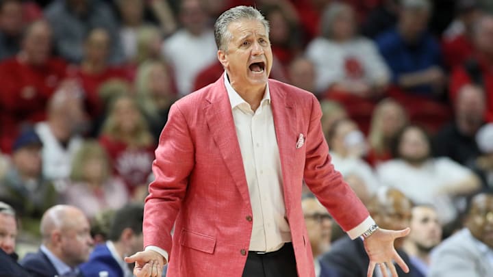 Dec 30, 2024; Fayetteville, Arkansas, USA; Arkansas Razorbacks head coach John Calipari during the second half against the Oakland Golden Grizzlies at Bud Walton Arena. Arkansas won 92-62. Mandatory Credit: Nelson Chenault-Imagn Images