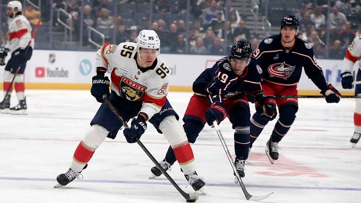 Oct 13, 2026; Columbus, Ohio, USA; Florida Panthers left wing Sandis Vilmanis (95) controls the puck as Columbus Blue Jackets Center Adam Fantilli (19) trails the play during the first period at Nationwide Arena. Mandatory Credit: Russell LaBounty-Imagn Images Oct 13, 2026; Columbus, Ohio, USA; Florida Panthers left wing Sandis Vilmanis (95) controls the puck as Columbus Blue Jackets Center Adam Fantilli (19) trails the play during the first period at Nationwide Arena. Mandatory Credit: Russell LaBounty-Imagn Images