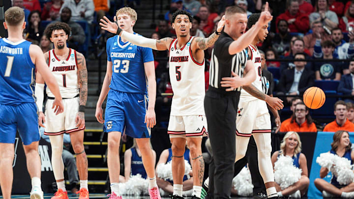 Louisville Cardinals guard Terrence Edwards Jr. (5) reacts to a late call by an official in the Cards' 89-75 loss to Creighton in the first round game of the 2025 NCAA men's basketball tournament at Rupp Arena in Lexington, Kentucky Thursday March 20, 2025. Louisville Cardinals guard Terrence Edwards Jr. (5) reacts to a late call by an official in the Cards' 89-75 loss to Creighton in the first round game of the 2025 NCAA men's basketball tournament at Rupp Arena in Lexington, Kentucky Thursday March 20, 2025.