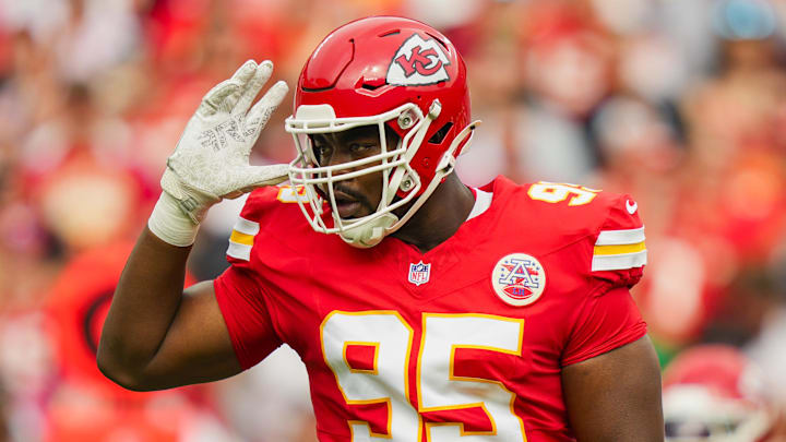 Kansas City Chiefs defensive tackle Chris Jones (95) reacts during the first half against the Philadelphia Eagles at GEHA Field at Arrowhead Stadium. 