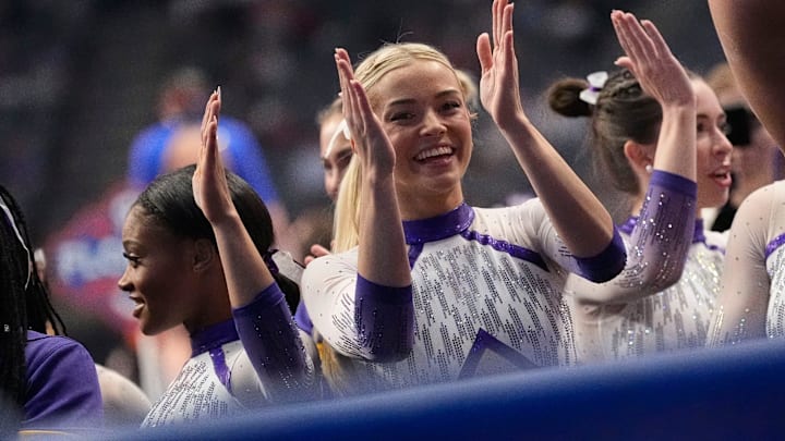 LSU gymnast LSU gymnast Livvy Dunne celebrates with teammates during Session 2 of the SEC Gymnastics Championship at Legacy Arena in Birmingham, Alabama. LSU won the event to claim the SEC crown. LSU gymnast LSU gymnast Livvy Dunne celebrates with teammates during Session 2 of the SEC Gymnastics Championship at Legacy Arena in Birmingham, Alabama. LSU won the event to claim the SEC crown.