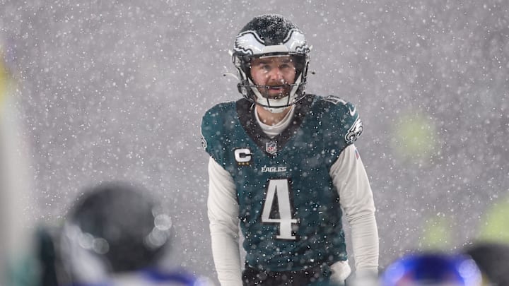 Jan 19, 2025; Philadelphia, Pennsylvania, USA; Philadelphia Eagles place kicker Jake Elliott (4) lines up a kick against the Los Angeles Rams in a 2025 NFC divisional round game at Lincoln Financial Field. Mandatory Credit: Bill Streicher-Imagn Images