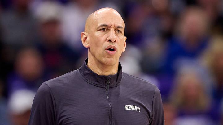 Apr 10, 2026; Sacramento, California, USA; Sacramento Kings head coach Doug Christie looks on against the Golden State Warriors during the second quarter at Golden 1 Center. Mandatory Credit: Robert Edwards-Imagn Images