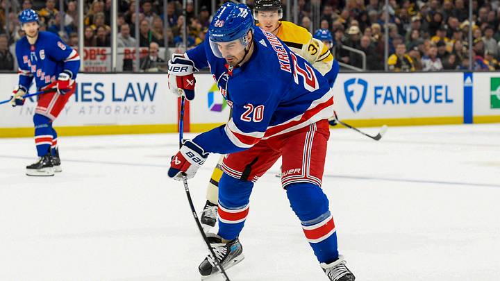 Dec 16, 2023; Boston, Massachusetts, USA; New York Rangers left wing Chris Kreider (20) shoots the puck during the second period against the Boston Bruins at TD Garden. Mandatory Credit: Bob DeChiara-USA TODAY Sports Dec 16, 2023; Boston, Massachusetts, USA; New York Rangers left wing Chris Kreider (20) shoots the puck during the second period against the Boston Bruins at TD Garden. Mandatory Credit: Bob DeChiara-USA TODAY Sports