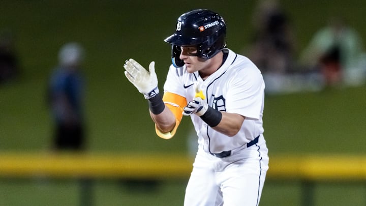 Nov 9, 2025; Mesa, AZ, USA; Detroit Tigers shortstop Kevin McGonigle during the Arizona Fall League Fall Stars Game at Sloan Park. Mandatory Credit: Mark J. Rebilas-Imagn Images