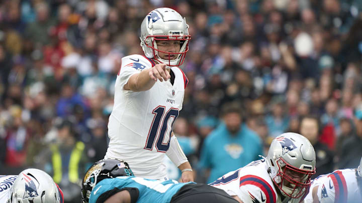 Oct 20, 2024; London, United Kingdom; New England Patriots quarterback Drake Maye (10) in the first half during an NFL International Series game at Wembley Stadium. Mandatory Credit: Peter van den Berg-Imagn Images