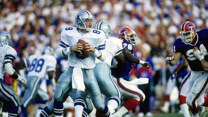 Jan 31, 1993; Pasadena, CA, USA: FILE PHOTO; Dallas Cowboys quarterback Troy Aikman (8) in action against the Buffalo Bills in Super Bowl XXVII at the Rose Bowl. The Cowboys defeated the Bills 52-17. Mandatory Credit: Long Photography-Imagn Images