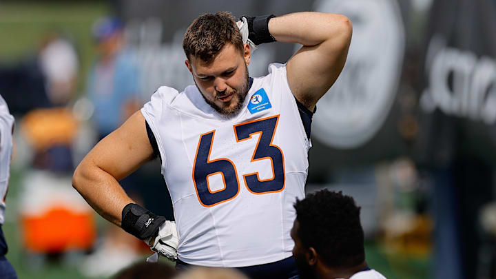 Jul 26, 2024; Englewood, CO, USA; Denver Broncos offensive tackle Alex Palczewski (63) during training camp at Broncos Park Powered by CommonSpirit. Mandatory Credit: Isaiah J. Downing-Imagn Images