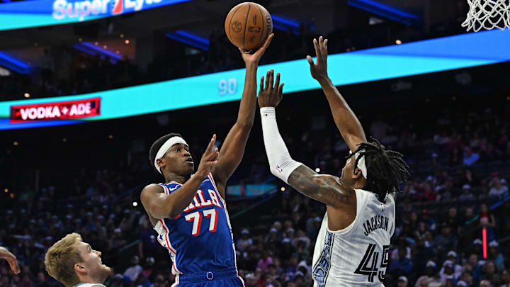 Mar 10, 2026; Philadelphia, Pennsylvania, USA; Philadelphia 76ers guard Vj Edgecombe (77) shoots over Memphis Grizzlies forward GG Jackson (45) during the second half at Xfinity Mobile Arena. Mandatory Credit: Eric Hartline-Imagn Images