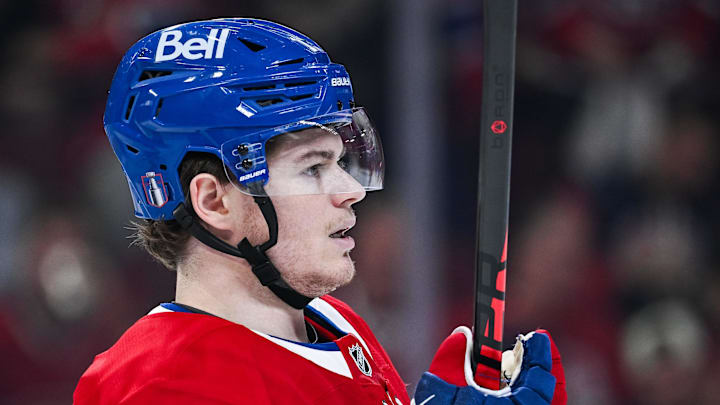 Apr 26, 2026; Montreal, Quebec, CAN; Montreal Canadiens right wing Cole Caufield (13) looks on against the Tampa Bay Lightning during the second period in game four of the first round of the 2026 Stanley Cup Playoffs at Bell Centre. Mandatory Credit: David Kirouac-Imagn Images