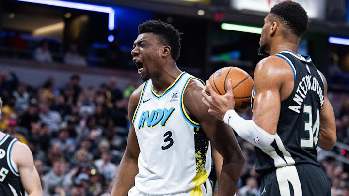 Dec 31, 2024; Indianapolis, Indiana, USA; Indiana Pacers center Thomas Bryant (3) reacts to a made basket in the first half against the Milwaukee Bucks at Gainbridge Fieldhouse. Mandatory Credit: Trevor Ruszkowski-Imagn Images