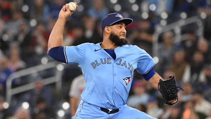 May 1, 2025; Toronto, Ontario, CAN; Toronto Blue Jays relief pitcher Yimi Garcia (93) delivers a pitch against the Boston Red Sox in the ninth inning at Rogers Centre. Mandatory Credit: Dan Hamilton-Imagn Images